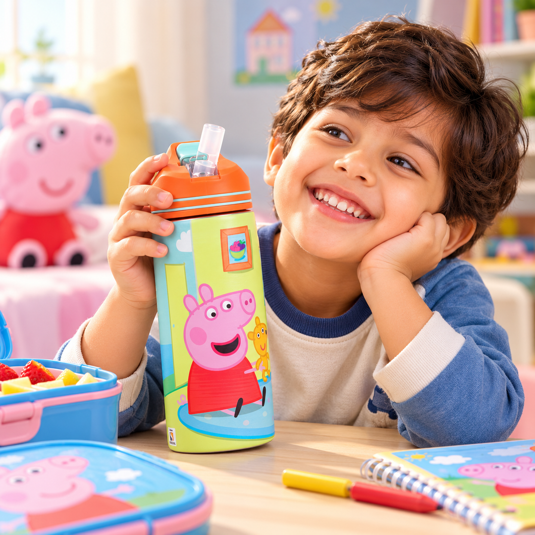 Peppa Pig Non-Insulated Steel Sipper Water Bottle – 500ml Orange | Cute Cartoon Design | Reusable Kids School & Travel Bottle | 3+ Years