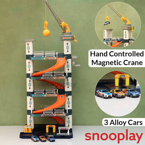 5-Tier City Car Parking Garage Playset with Hand Controlled Magnetic Crane & 3 Racing Cars (3-8 Years)