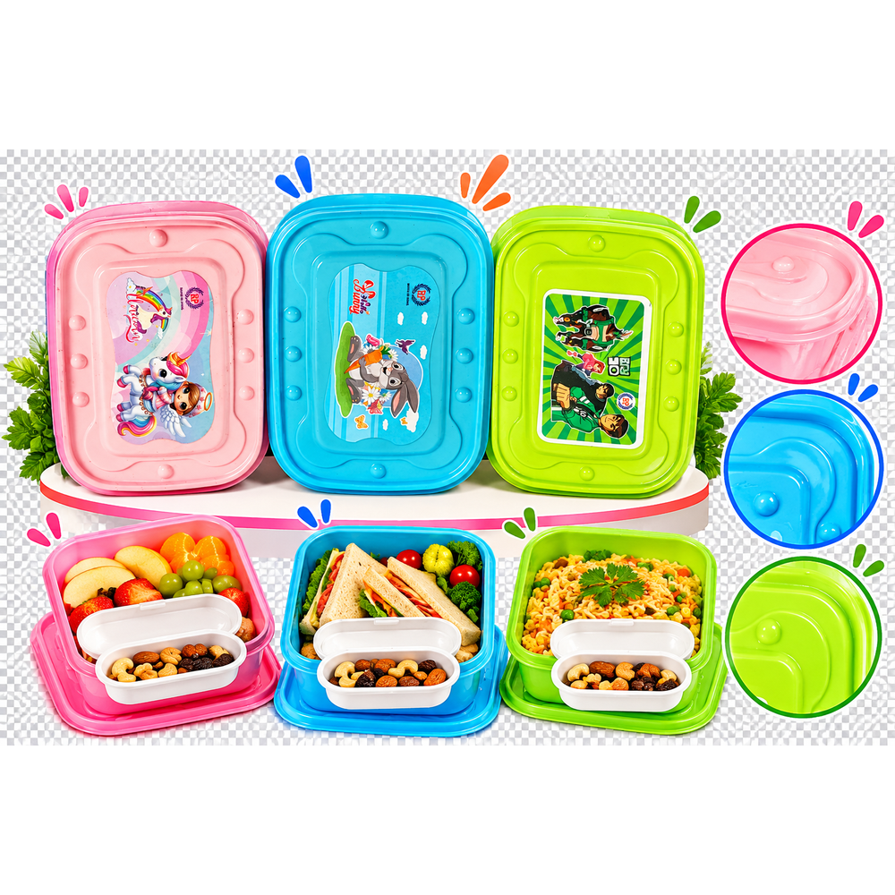Set of 3 Lunch Boxes with Small Dibbi & Spoon-Fork | Pink, Blue & Green | Kanya Pujan Gift