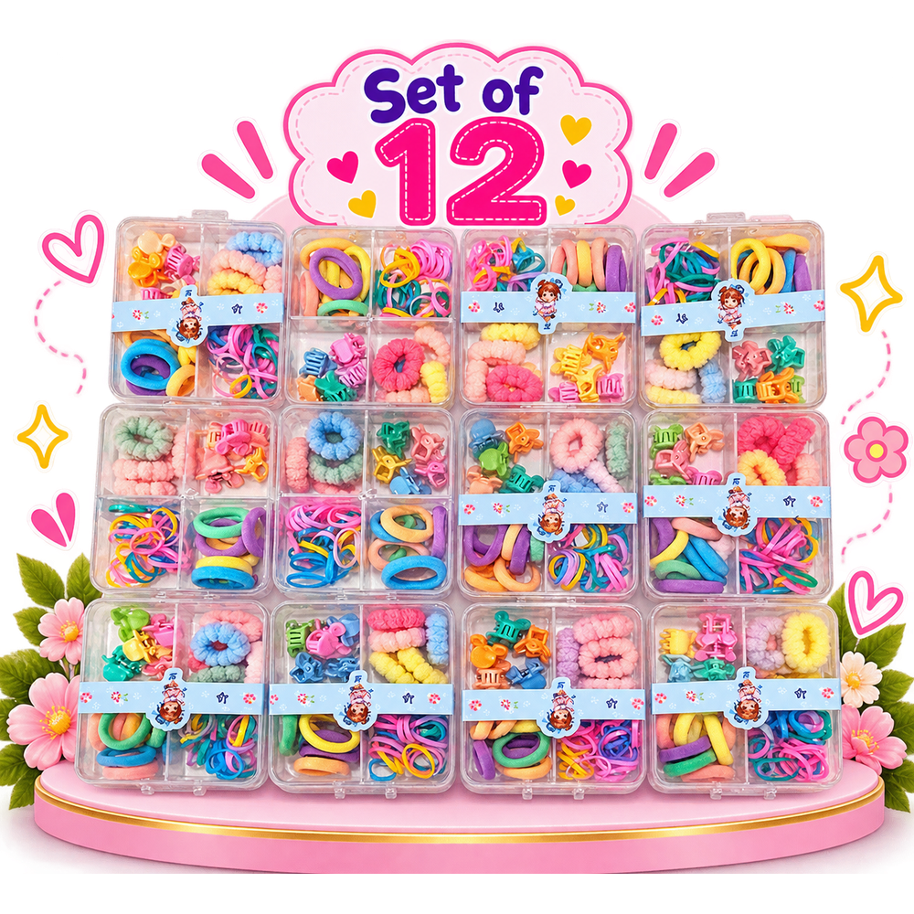 Set of 12 Small Clutchers & Rubber Bands Hair Accessories Box | Kanya Pujan Gift