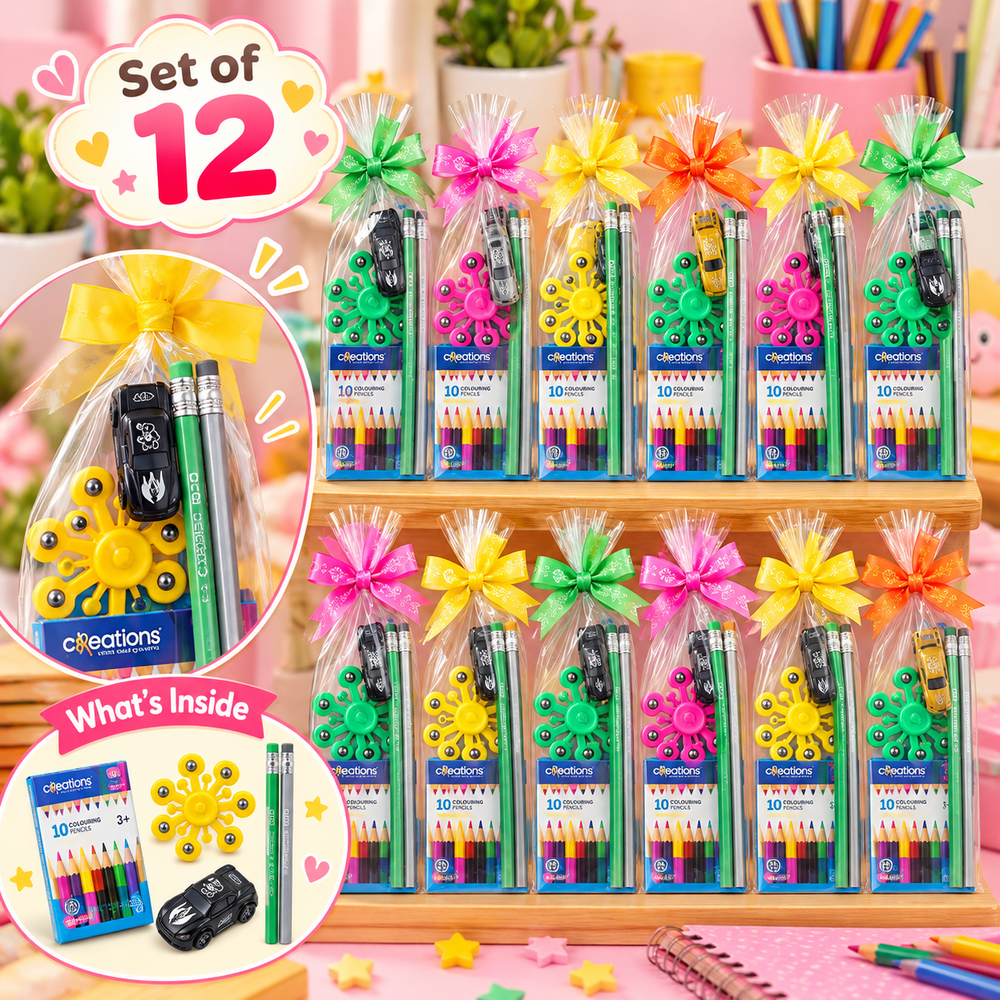 Set of 12 Kanjak Gift Packs – 10 Colouring Pencils, Spinner Toy and Toy Car | Kanjak Special