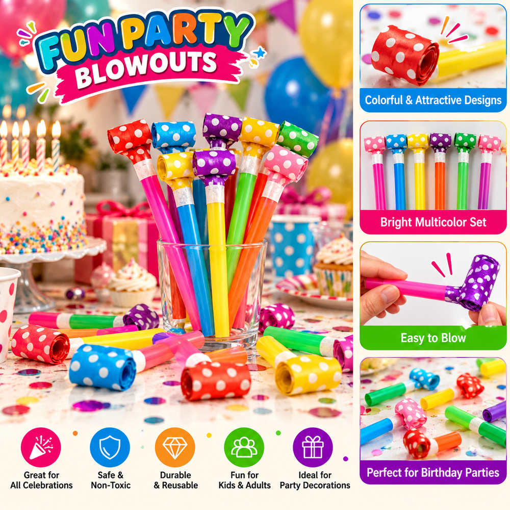 Pack of 3 Colorful Party Blowouts/Party Whistles - Multicolor