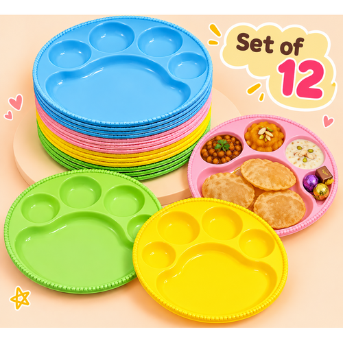 Set of 12 Big Round 5-Compartment Plates | Ideal for Kanjak Prasad & Navratri