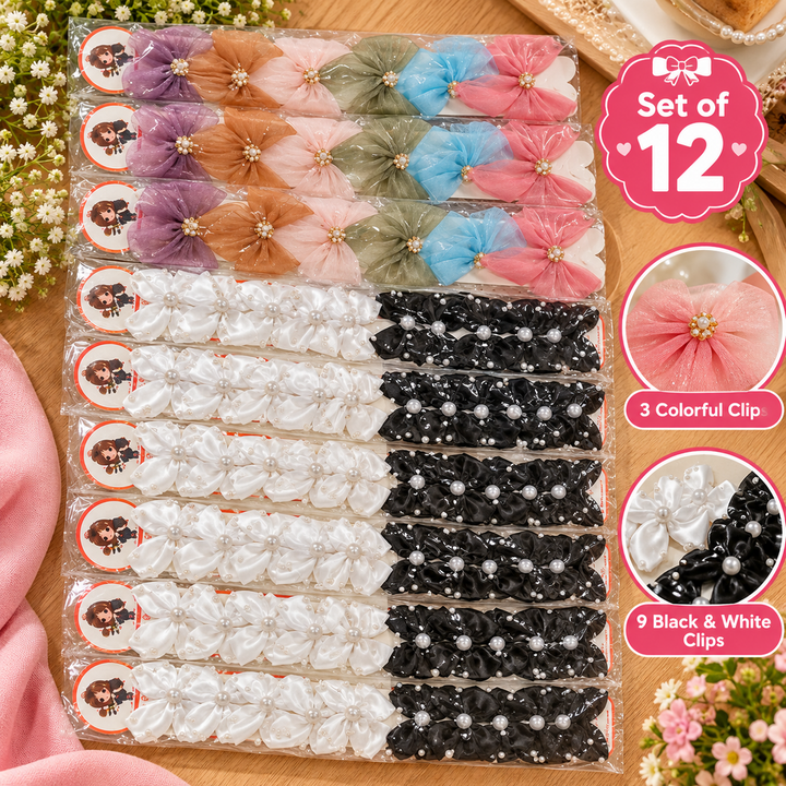Set of 12 Big Bow Design Hair Clip Sets – Assorted Colour Pearl Decorated Hair Accessories for Girls | Kanjak Special