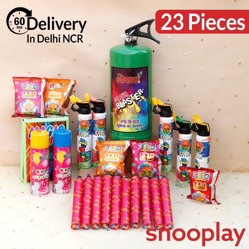 Colour Craze Holi Combo: 1 Cylinder (4kg), 1 Box of Gulugulu, 2 Boxes of Color Fog, 2 Snow Spray (110ml) & 5 Packets of Gulaal | Assorted Colors & Prints