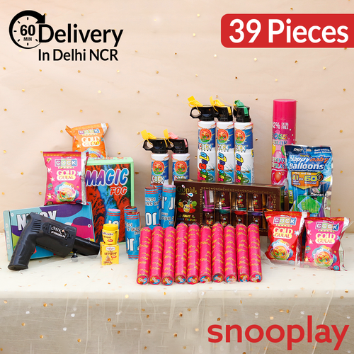 Colourblast Holi Combo: Gulaal Shots, Boxes of Color Fog, Snow Spray, Blaster, Ignitors, Balloons, Chandan, Water Colors & Gulaal | Assorted Colors & Prints