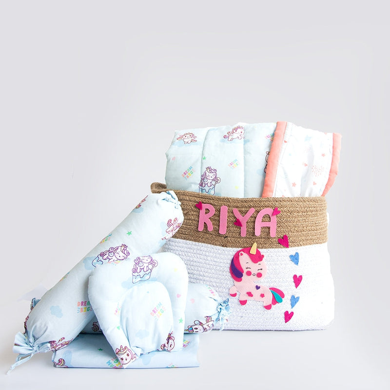 Personalised  Unicorn Dreams - Organic Bedding Gift Basket - COD Not Available