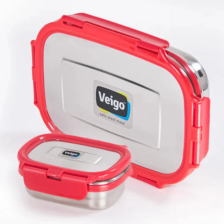 Jumbo Stainless Steel Lunch Box with Silicon Ring & Lid Lock with Small Veg Box Inside(950ml + 180ml)