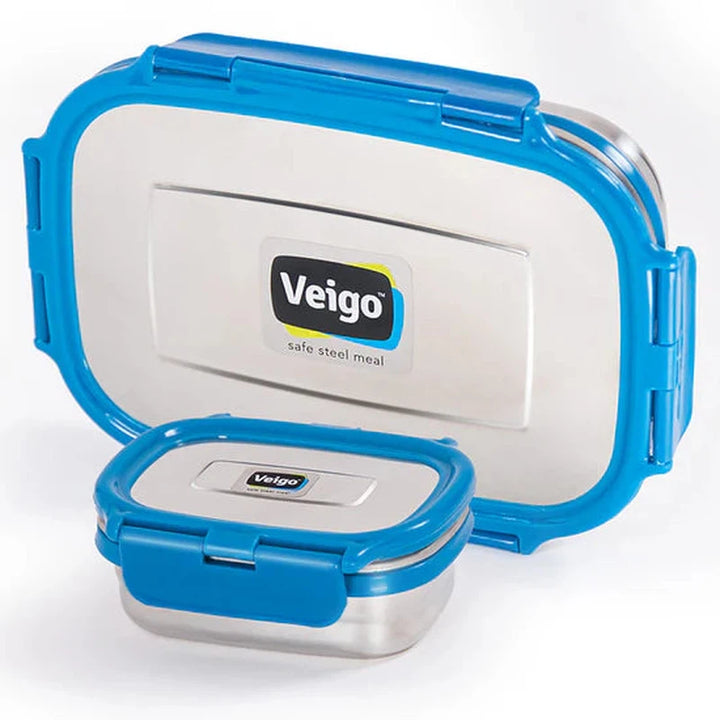 Jumbo Stainless Steel Lunch Box with Silicon Ring & Lid Lock with Small Veg Box Inside(950ml + 180ml)