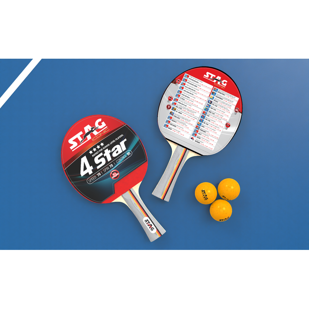 STAG ICONIC 4 Star Professional Table Tennis Playset, 2 Racquets & 3 Balls - White (9 Years till Grown Ups)