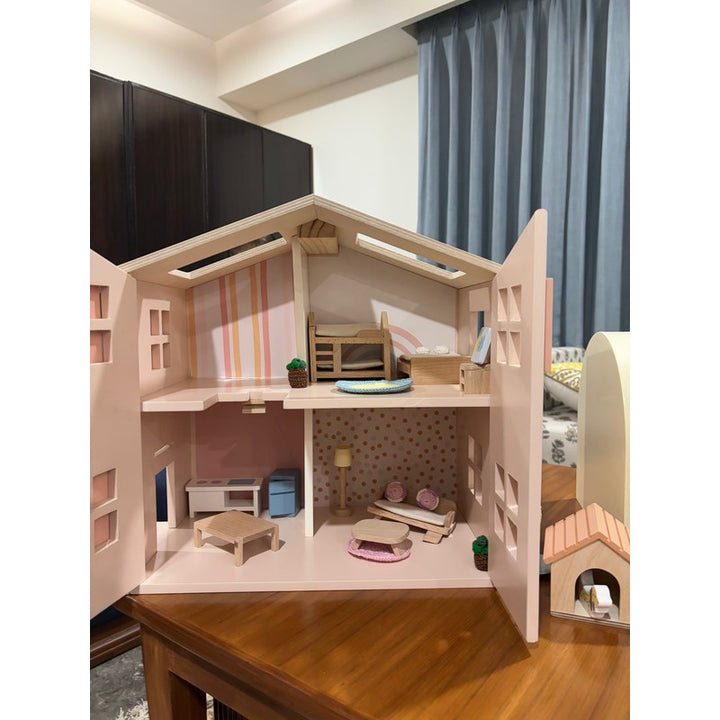 Luxury Wooden Dollhouse with Dog House, Furniture, Accessories & Custom Wallpapers (3-7 Years)