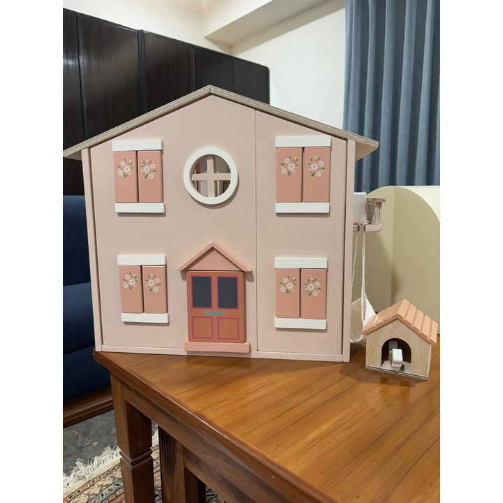 Luxury Wooden Dollhouse with Dog House, Furniture, Accessories & Custom Wallpapers (3-7 Years)