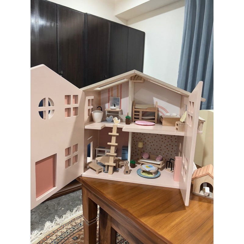 Luxury Wooden Dollhouse with Dog House, Furniture, Accessories & Custom Wallpapers (3-7 Years)