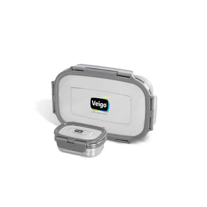 Jumbo Stainless Steel Lunch Box with Silicon Ring & Lid Lock with Small Veg Box Inside(950ml + 180ml)