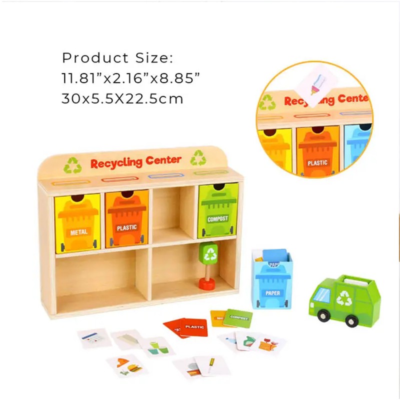 Tiny Trash Hub Playset – Wooden Recycling Truck, Bins & Playing Cards (2-6 Years)