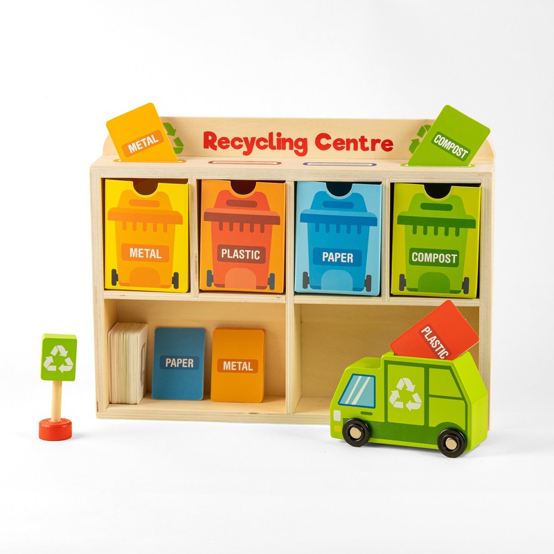 Tiny Trash Hub Playset – Wooden Recycling Truck, Bins & Playing Cards (2-6 Years)