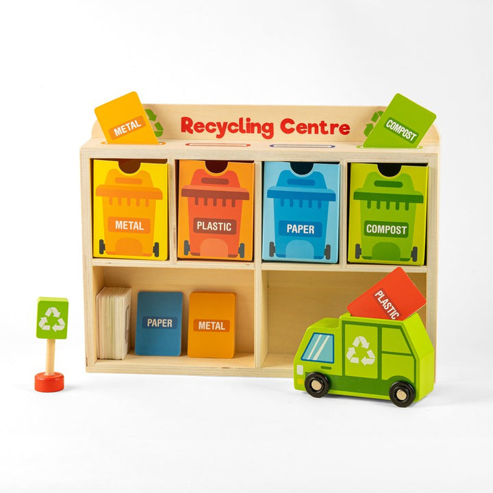 Tiny Trash Hub Playset – Wooden Recycling Truck, Bins & Playing Cards (2-6 Years)