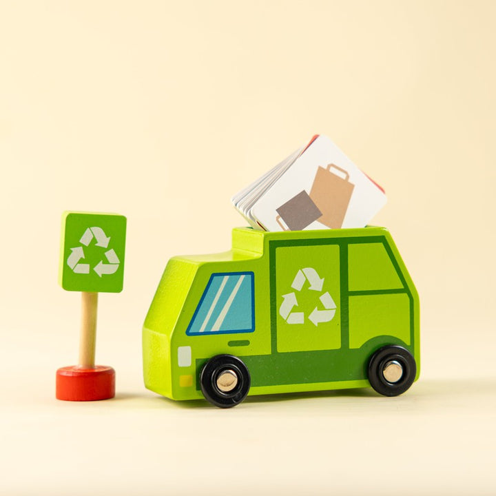 Tiny Trash Hub Playset – Wooden Recycling Truck, Bins & Playing Cards (2-6 Years)