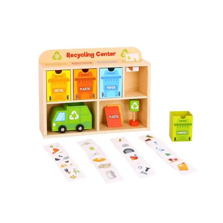 Tiny Trash Hub Playset – Wooden Recycling Truck, Bins & Playing Cards (2-6 Years)