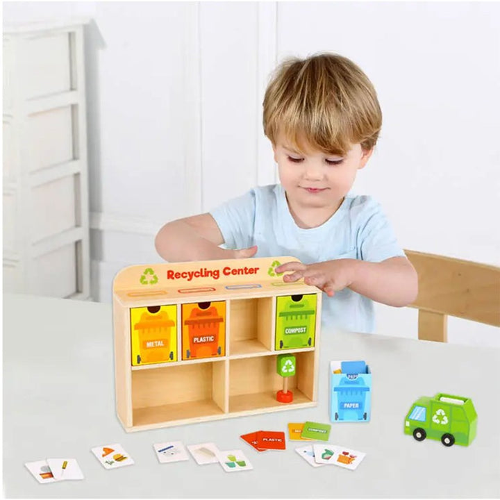 Tiny Trash Hub Playset – Wooden Recycling Truck, Bins & Playing Cards (2-6 Years)