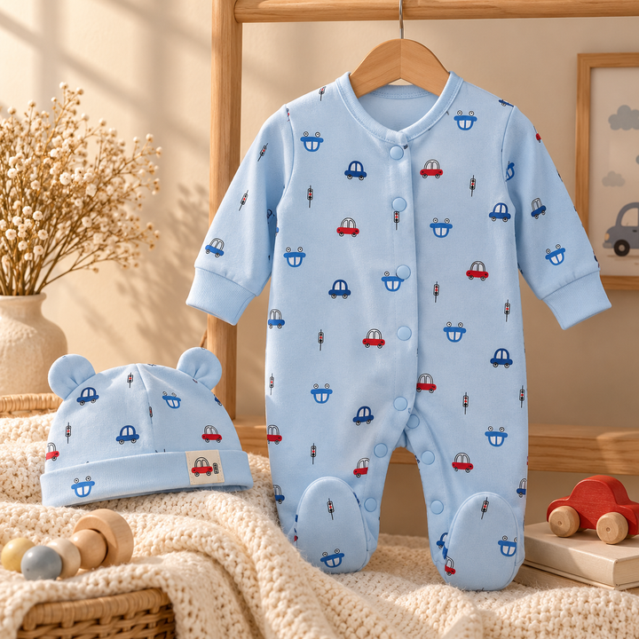 Baby Naturelle Car Design Cotton Knit Newborn Romper with Cap - Blue