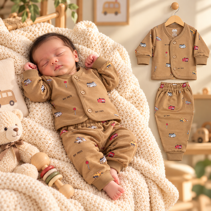 Pink Rabbit Preemie Cotton-Rich Knitted Full Sleeves Open-Front Vest & Pant Suit – 37 cm (Brown)