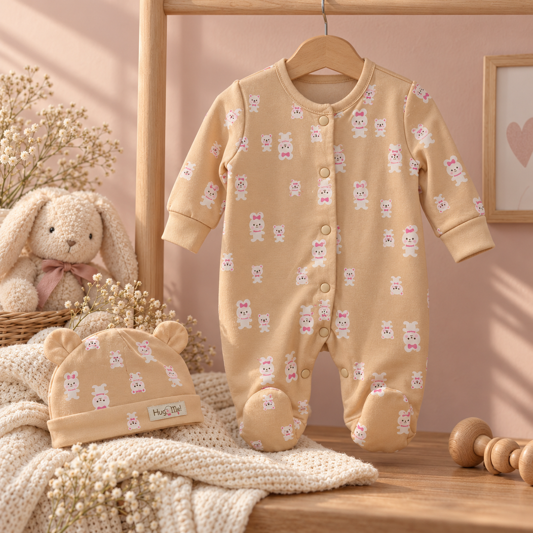 Baby Naturelle Cotton Knit Newborn Romper with Cap - Beige
