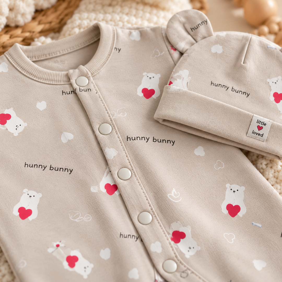 Baby Naturelle Cotton Knit Newborn Romper with Cap - Grey