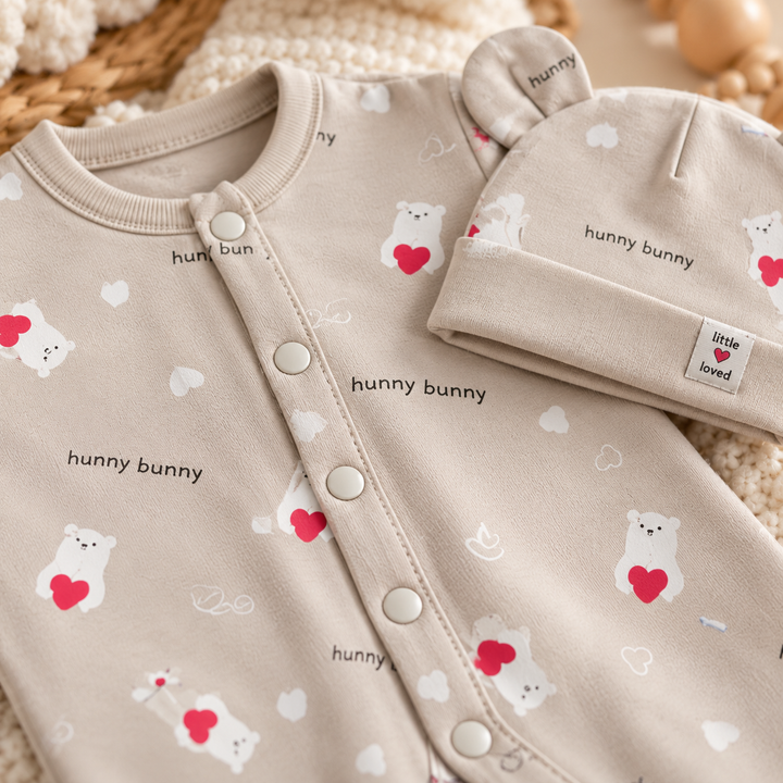 Baby Naturelle Cotton Knit Newborn Romper with Cap - Grey