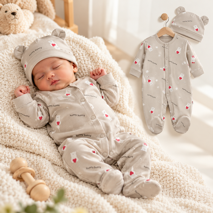 Baby Naturelle Cotton Knit Newborn Romper with Cap - Grey