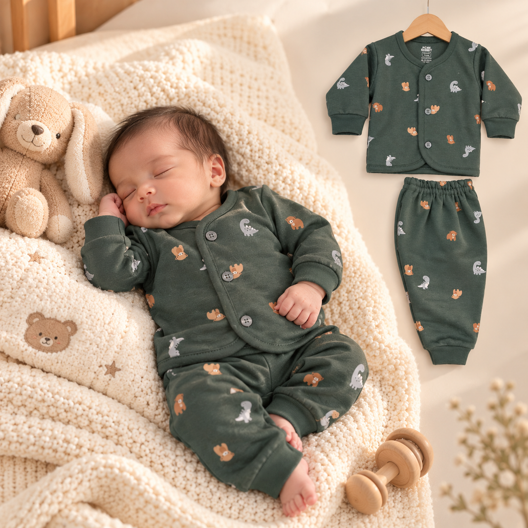 Pink Rabbit Preemie Cotton-Rich Knitted Full Sleeves Open-Front Vest & Pant Suit – 37 cm (Dark Green)