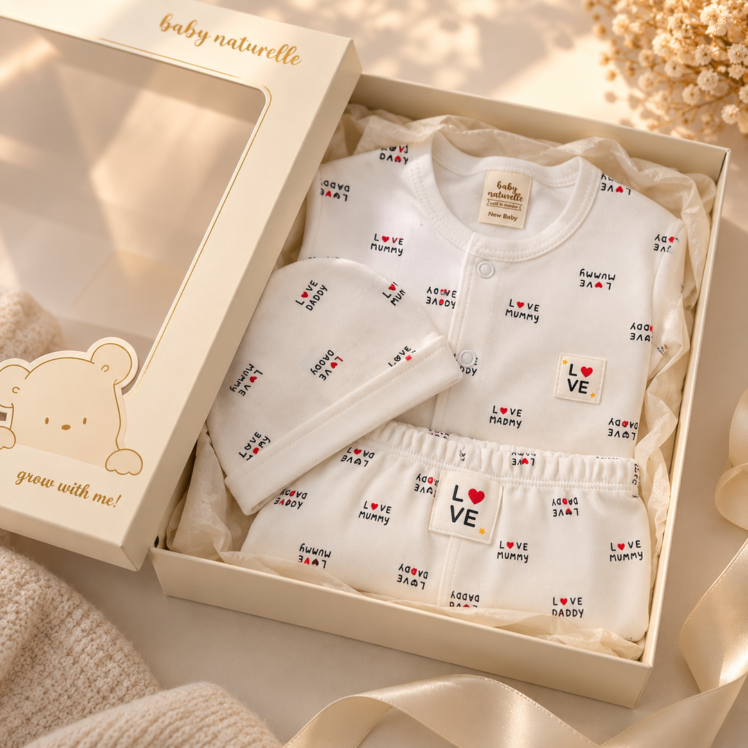 Baby Naturelle Love Daddy Cotton Knit Front Open Full Sleeves Co-ord T-Shirt & Pajama Suit with Cap - White