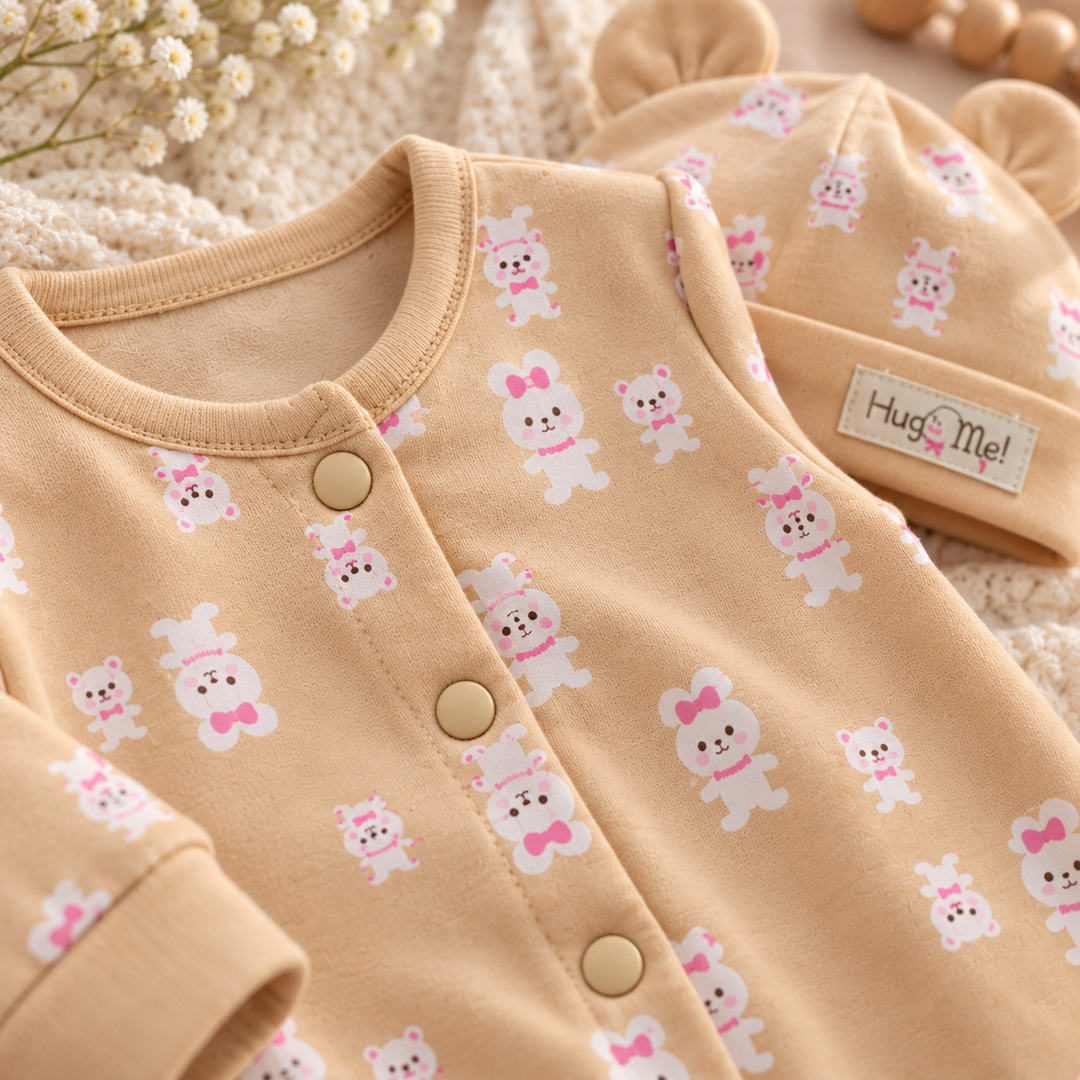Baby Naturelle Cotton Knit Newborn Romper with Cap - Beige