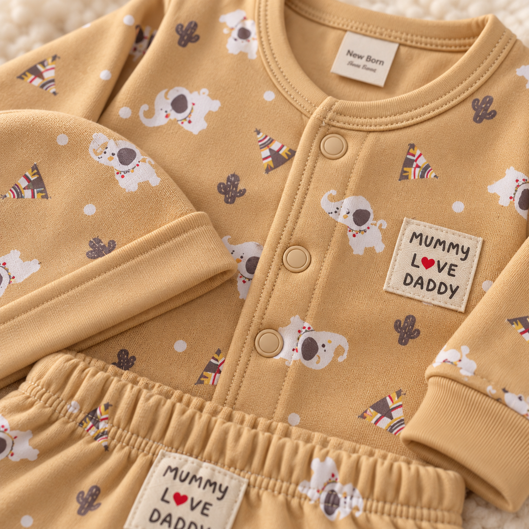 Baby Naturelle Mummy Love Daddy Cotton Knit Front Open Full Sleeves Co-ord T-Shirt & Pajama Suit with Cap - Beige