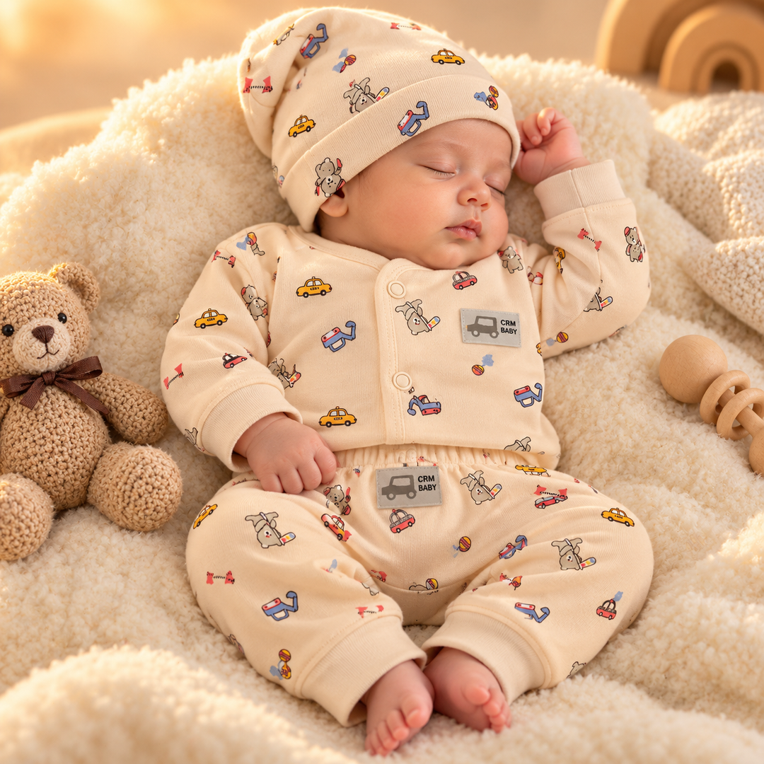 Baby Naturelle CRM Baby Cotton Knit Front Open Full Sleeves Co-ord T-Shirt & Pajama Suit with Cap - Cream