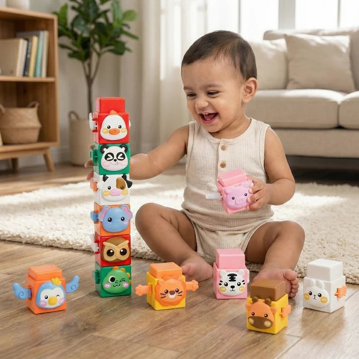 Kidology 12-Piece Pressable Animal Stacking Blocks | Educational Building Toy