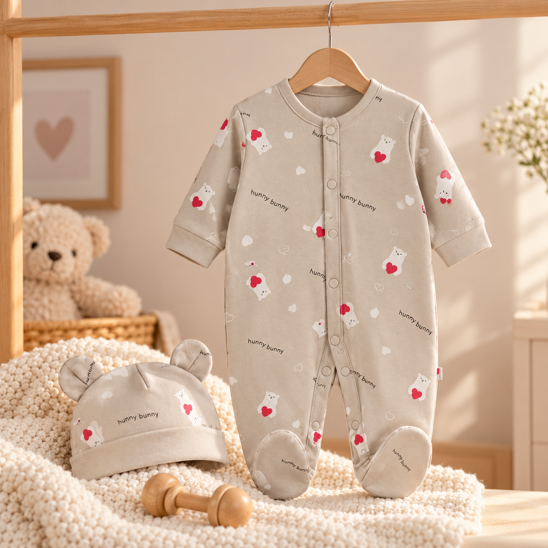 Baby Naturelle Cotton Knit Newborn Romper with Cap - Grey
