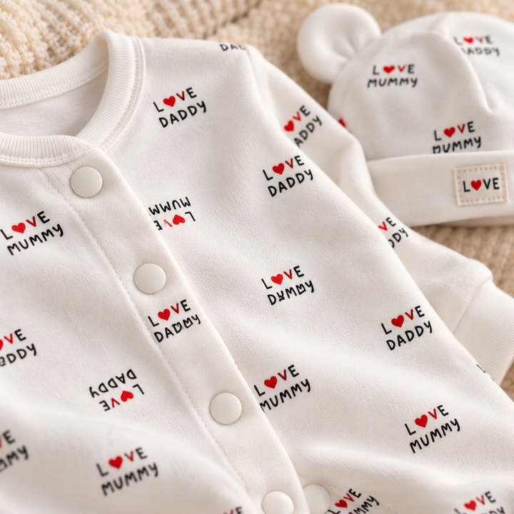 Baby Naturelle Love Daddy Cotton Knit Newborn Romper with Cap - White
