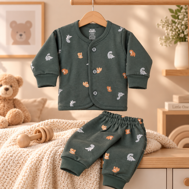 Pink Rabbit Preemie Cotton-Rich Knitted Full Sleeves Open-Front Vest & Pant Suit – 37 cm (Dark Green)