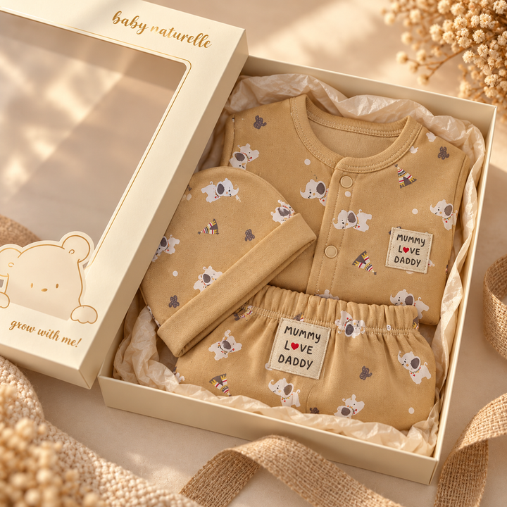 Baby Naturelle Mummy Love Daddy Cotton Knit Front Open Full Sleeves Co-ord T-Shirt & Pajama Suit with Cap - Beige