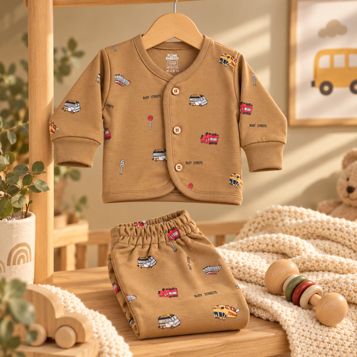 Pink Rabbit Preemie Cotton-Rich Knitted Full Sleeves Open-Front Vest & Pant Suit – 37 cm (Brown)