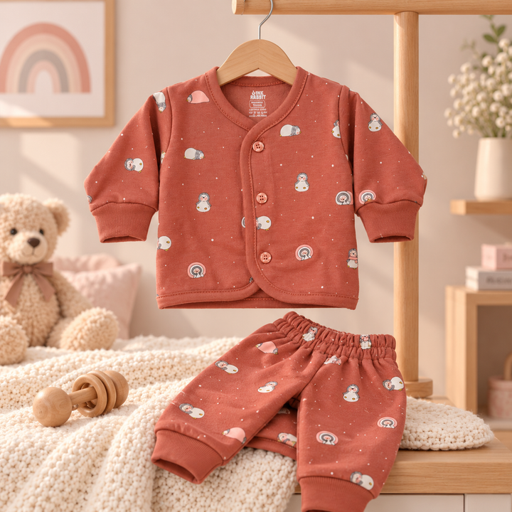 Pink Rabbit Preemie Cotton-Rich Knitted Full Sleeves Open-Front Vest & Pant Suit – 37 cm (Rust)