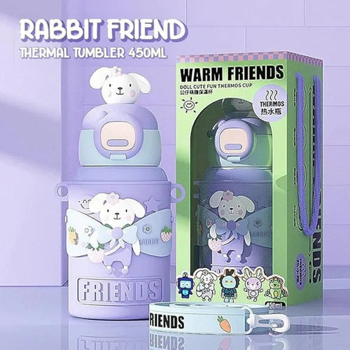 CuddleNest Rabbit Design Water Bottle with Straw & Sipper - 450ml