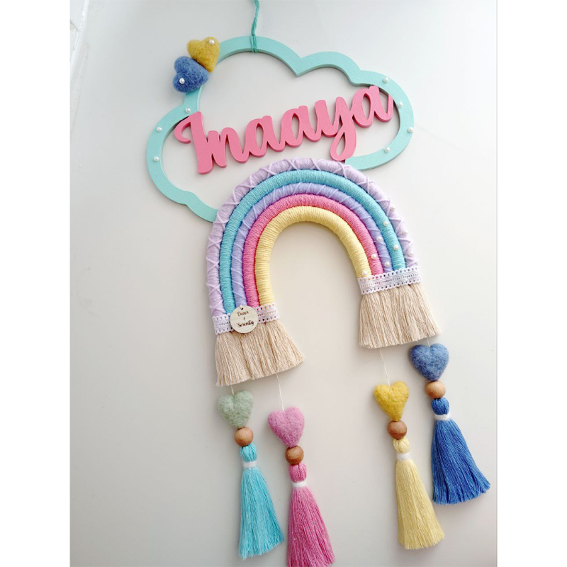 Personalized Kids’ Room Nameplate Door and Wall Hanging - Macrame Rainbow Name Cloud - Candy Floss - COD Not Available
