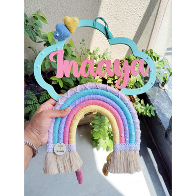 Personalized Kids’ Room Nameplate Door and Wall Hanging - Macrame Rainbow Name Cloud - Candy Floss - COD Not Available