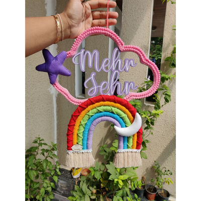 Personalized Kids’ Room Nameplate Door and Wall Hanging - Macrame Rainbow Name Cloud - Vibgyor - COD Not Available