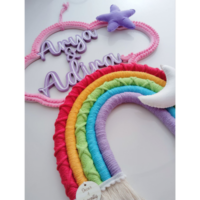 Personalized Kids’ Room Nameplate Door and Wall Hanging - Macrame Rainbow Name Cloud - Vibgyor - COD Not Available