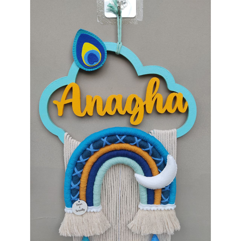Personalized Kids’ Room Nameplate Door and Wall Hanging - Macrame Rainbow Name Cloud - Kanha - COD Not Available