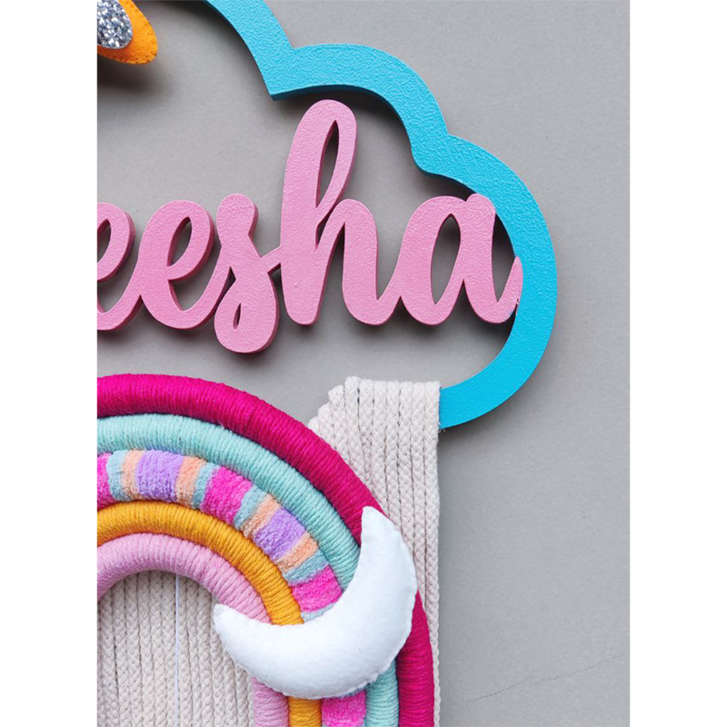 Personalized Kids’ Room Nameplate Door and Wall Hanging - Macrame Rainbow Name Cloud - Dhruv Tara - COD Not Available