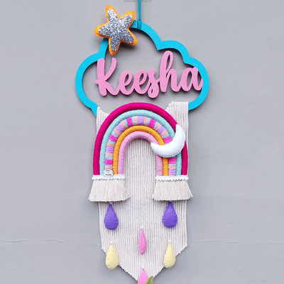 Personalized Kids’ Room Nameplate Door and Wall Hanging - Macrame Rainbow Name Cloud - Dhruv Tara - COD Not Available